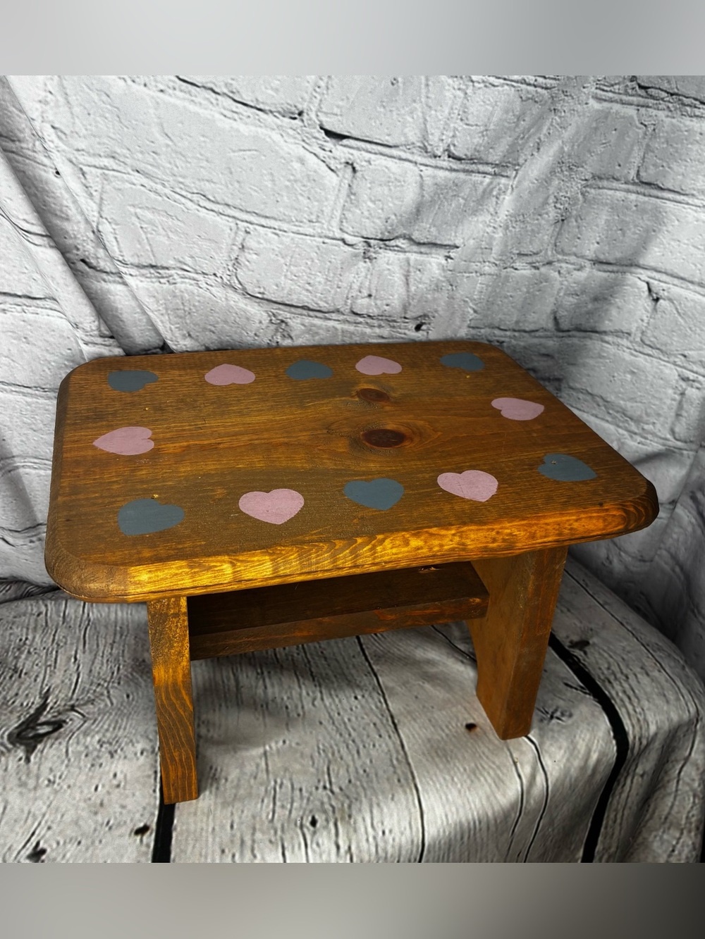 Vtg Hand-Painted Wood Step Stool Footstool Hearts Blue Pink Cottagecore Rustic